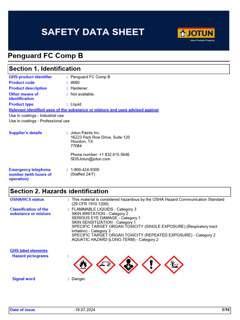 Penguard FC Comp B Safety Data Sheet | PDF | Occupational Safety And Health