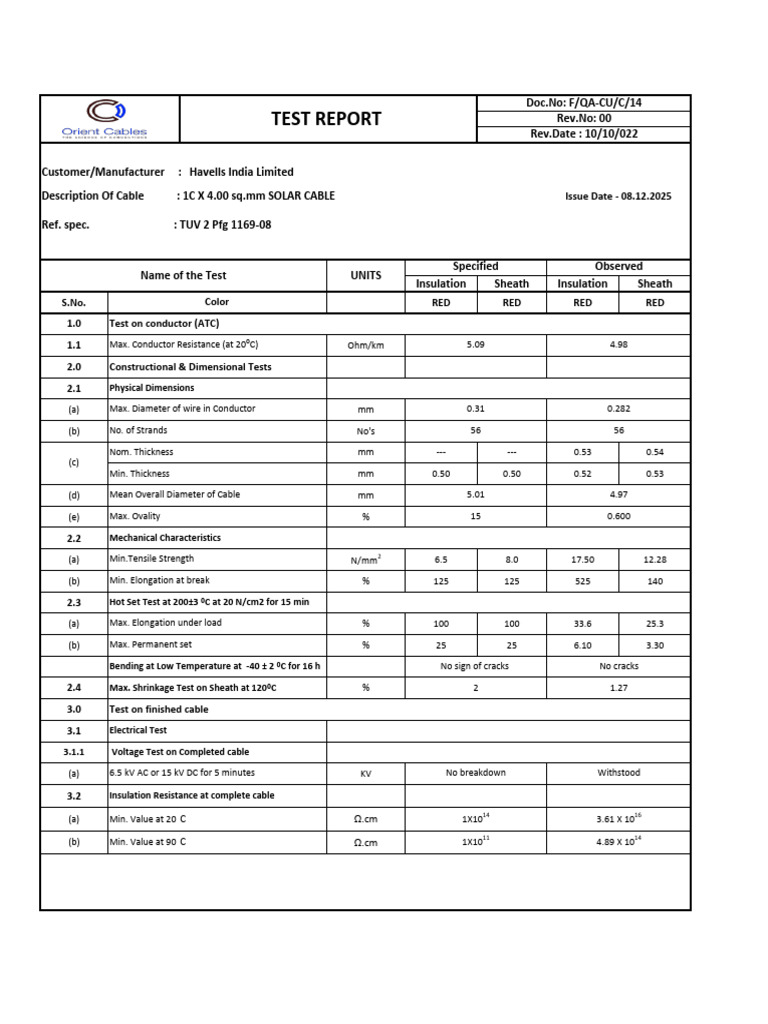 Solar Cable Insulation Test Report | PDF | Insulator (Electricity ...