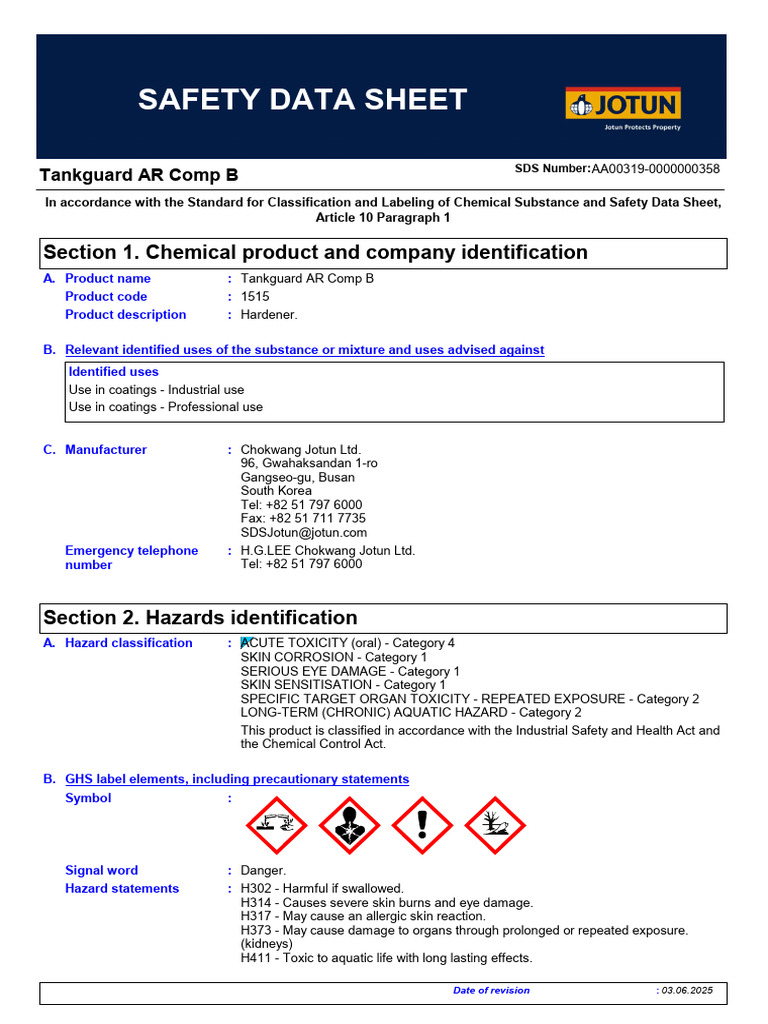 Tankguard AR Comp B Safety Data Sheet | PDF | Toxicity | Occupational ...