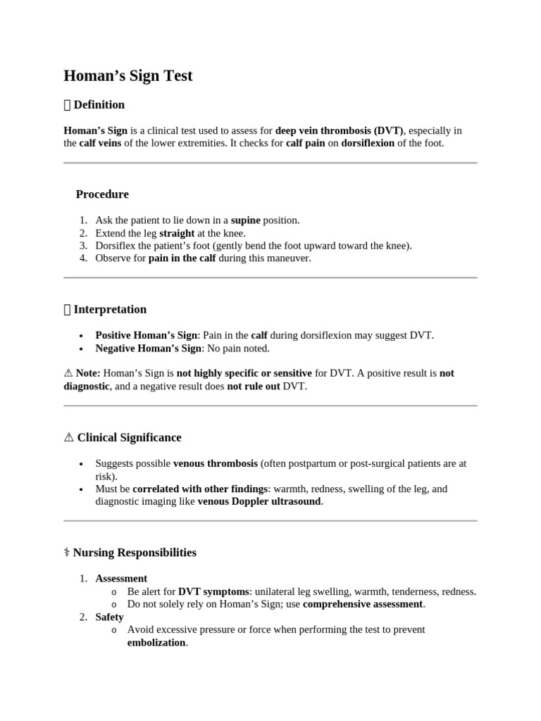 Homan's Sign Test for DVT Assessment | PDF