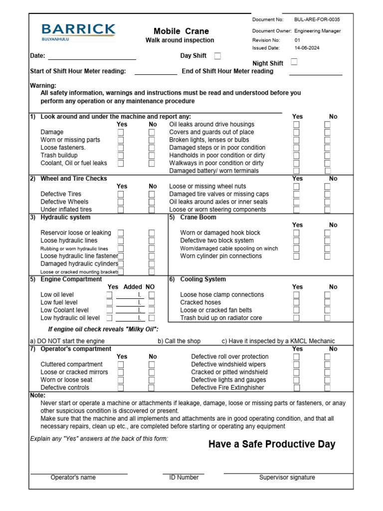 Mobile Crane Walkaround Inspection Checklist | PDF | Leak | Crane (Machine)