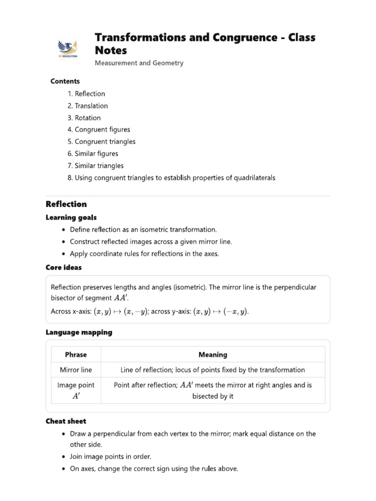 8.transformations and Congruence - Class Notes | PDF