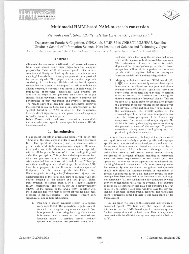 Multimodal HMM basedNAM To Speech Conversion | PDF | Human Voice | Speech