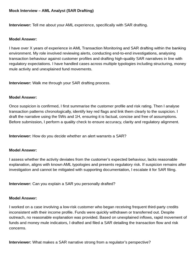 AML Analyst Mock Interview Guide | PDF | Risk | Regulatory Compliance