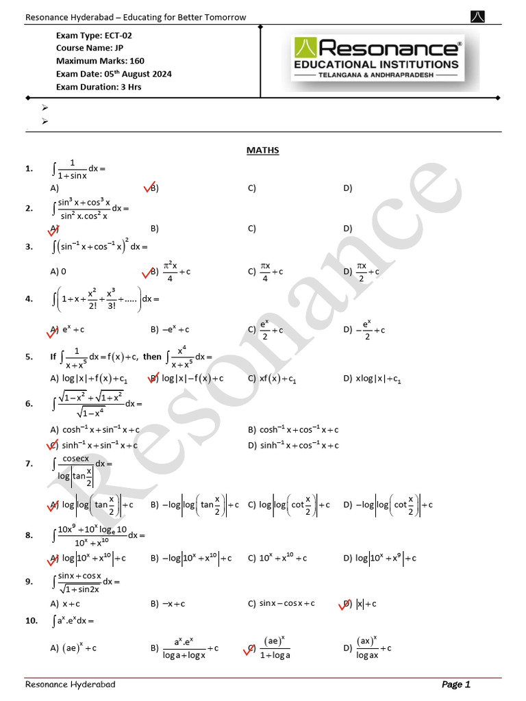 Resonance Hyderabad Exam Paper 2024 | PDF