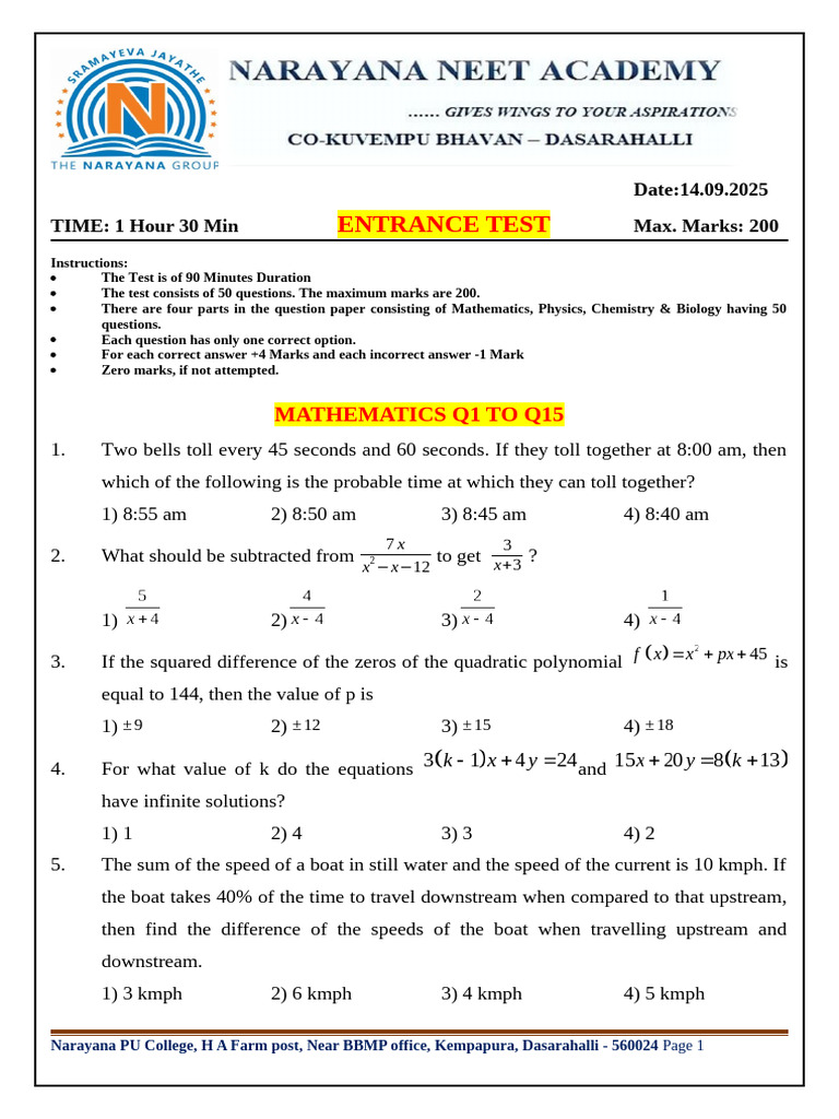 Entrance Test for Science Subjects | PDF | Atoms | Acceleration