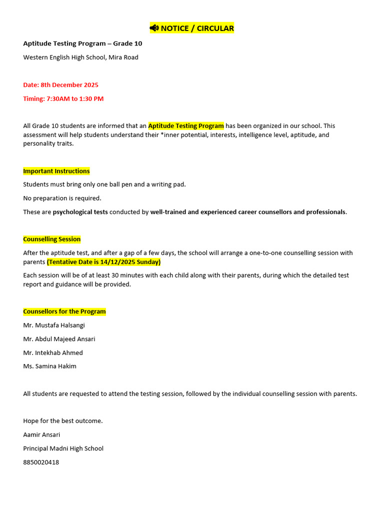 Aptitude Test Notice | PDF