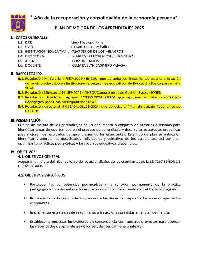 Plan de Mejora de Aprendizajes 2025 | PDF | Aprendizaje | Cognición