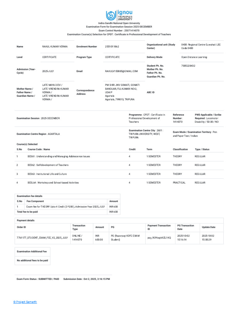 Exam Form | PDF | Educational Stages