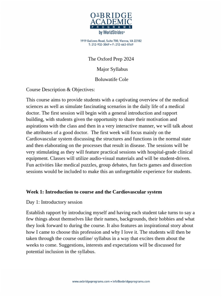 Oxford Prep 2024 Medical Syllabus | PDF | Heart | Myocardial Infarction