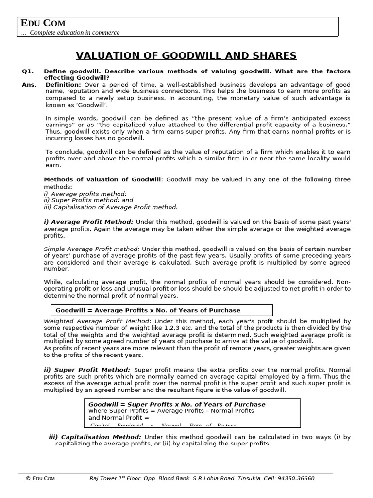 Valuing Goodwill in Business Accounting | PDF | Equity (Finance ...