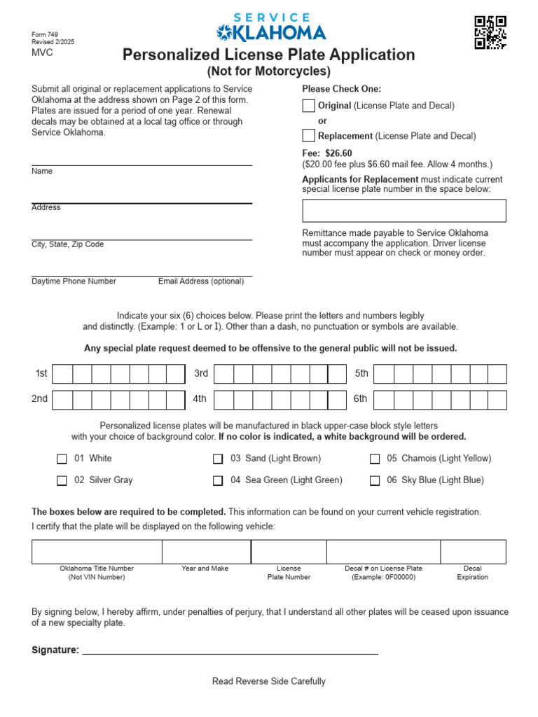 Oklahoma Personalized License Plate Form | PDF | Vehicle Registration ...