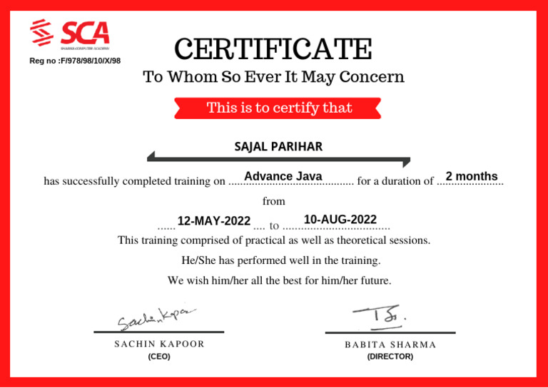 Advance Java Training Certificate | PDF