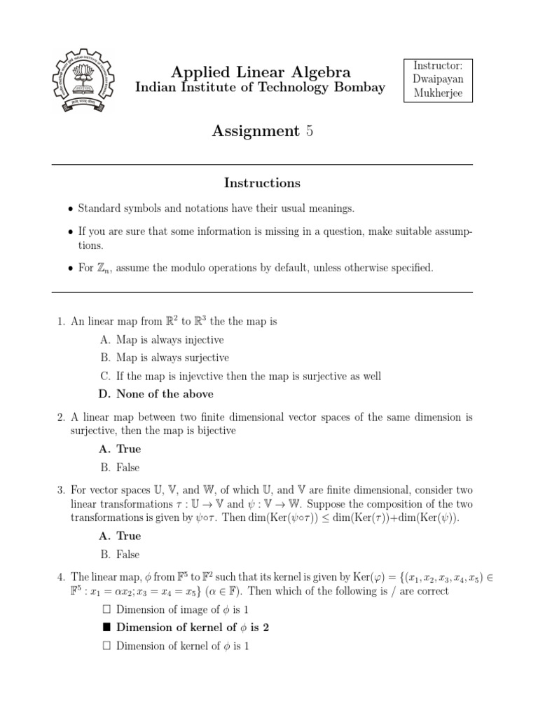 Linear Algebra Assignment 5 Solutions | PDF | Linear Map | Vector Space