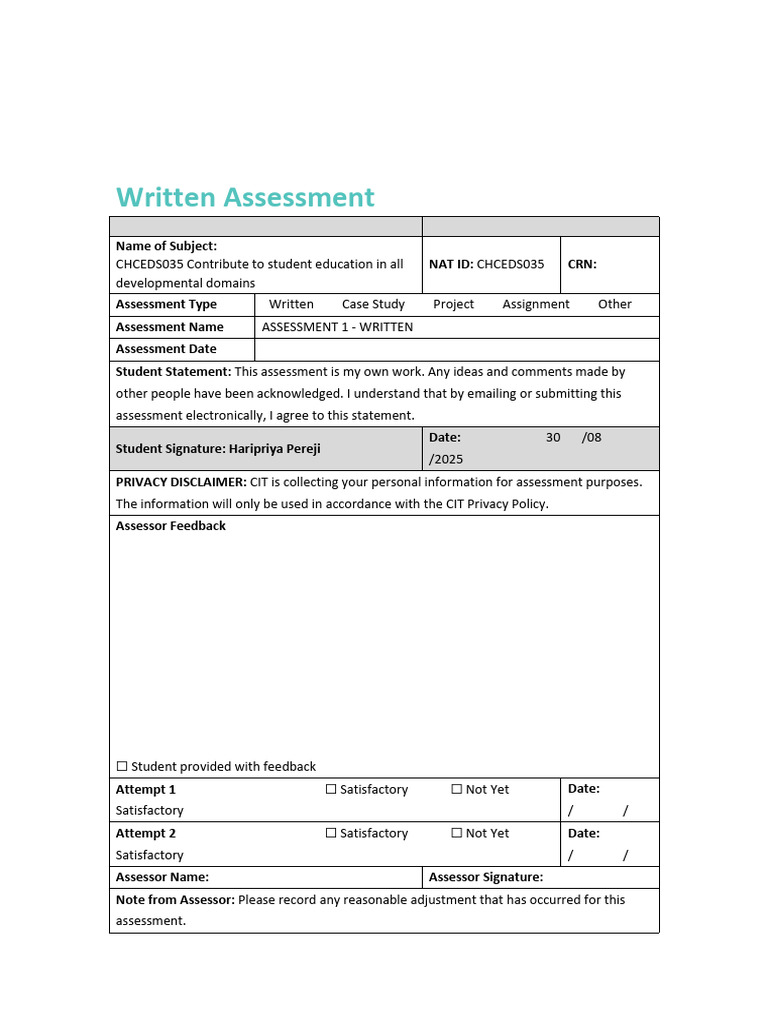 CHCEDS035 Written Assessment Guide | PDF | Physical Education | Curriculum