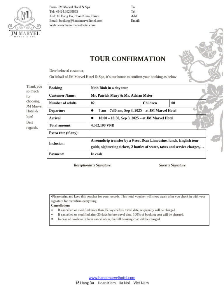 JM Marvel Hotel Booking Confirmation | PDF