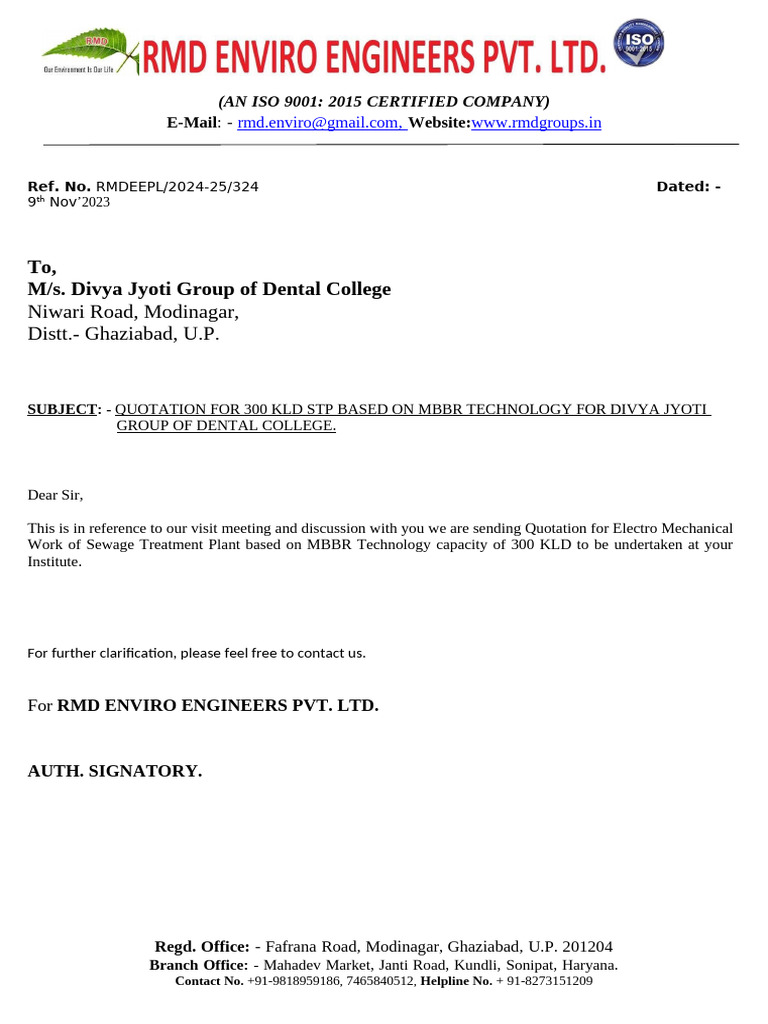 Quotation for 300 KLD STP Installation | PDF