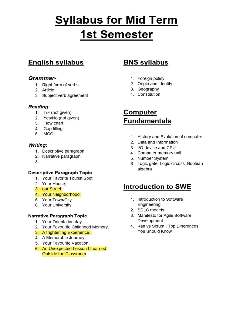 1st Semester Mid Term Syllabus | PDF
