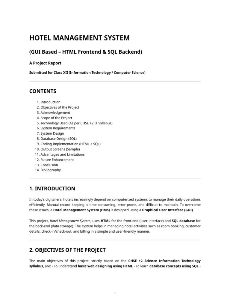 Hotel Management System Project Report | PDF | Databases | World Wide Web