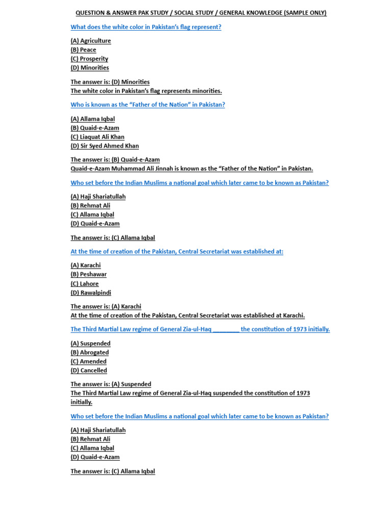 Pakistan General Knowledge Quiz | PDF | Pakistan
