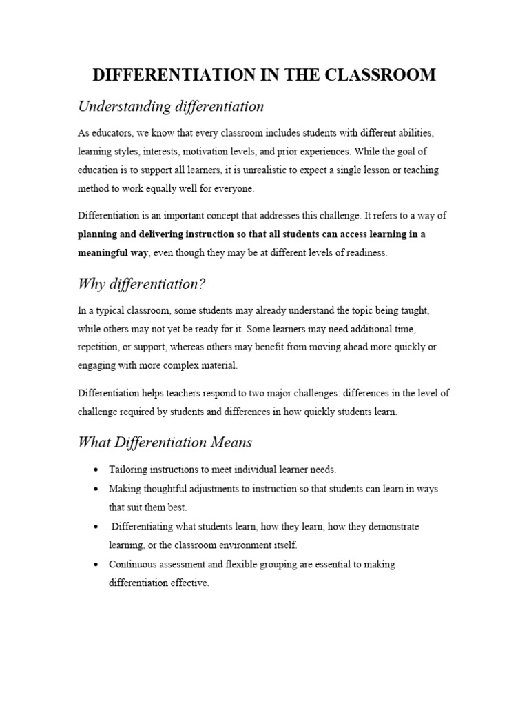 Differentiation in Classroom Handout | PDF | Learning | Teachers