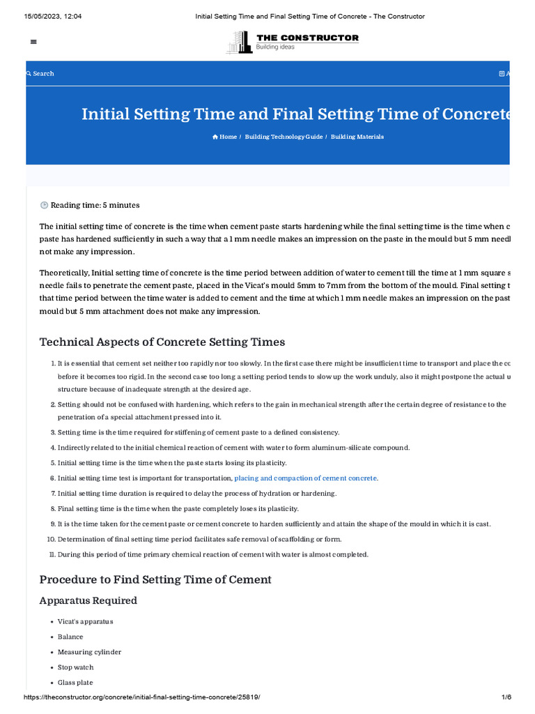 Concrete Setting Times Explained | PDF | Concrete | Cement