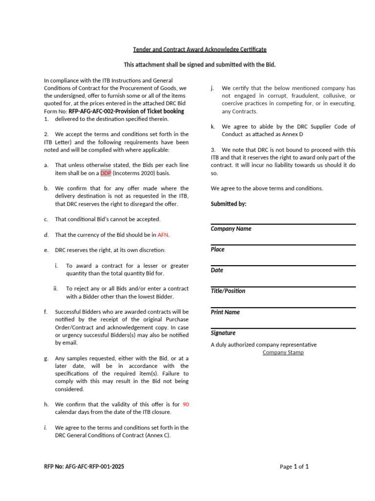 Tender and Contract Acknowledgment Form | PDF