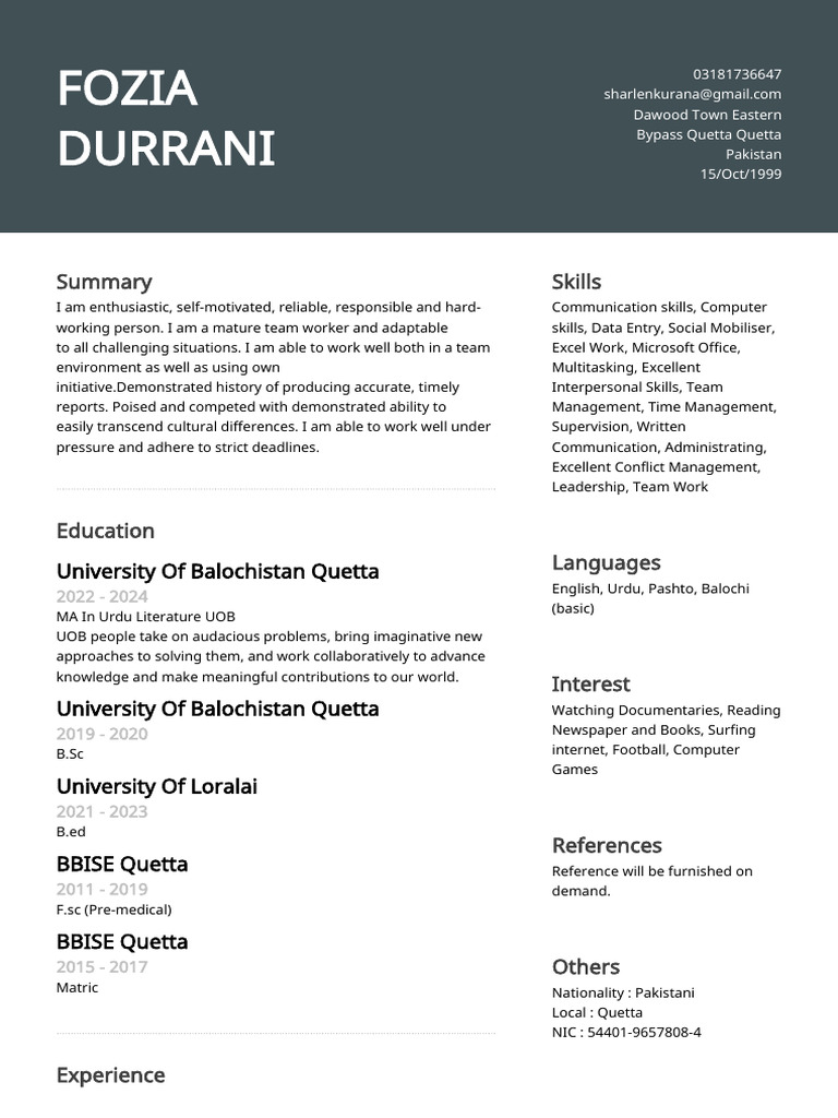 Fozia Durrani's CV and Skills Summary | PDF