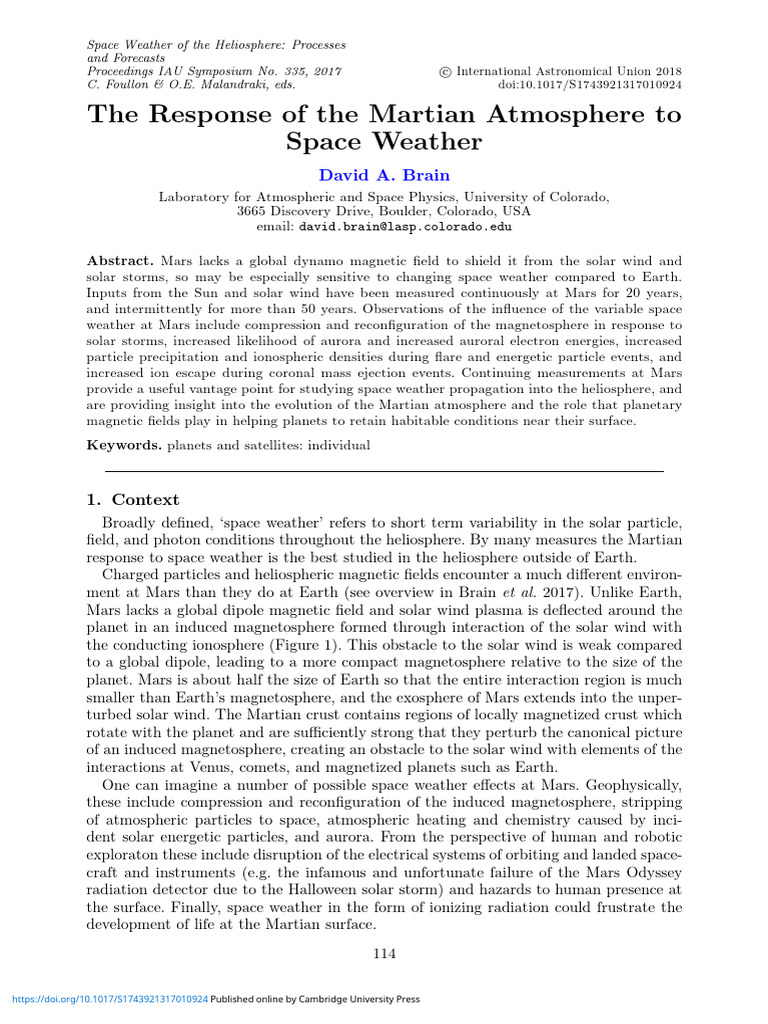 The Response of The Martian Atmosphere To Space Weather | PDF | Mars ...