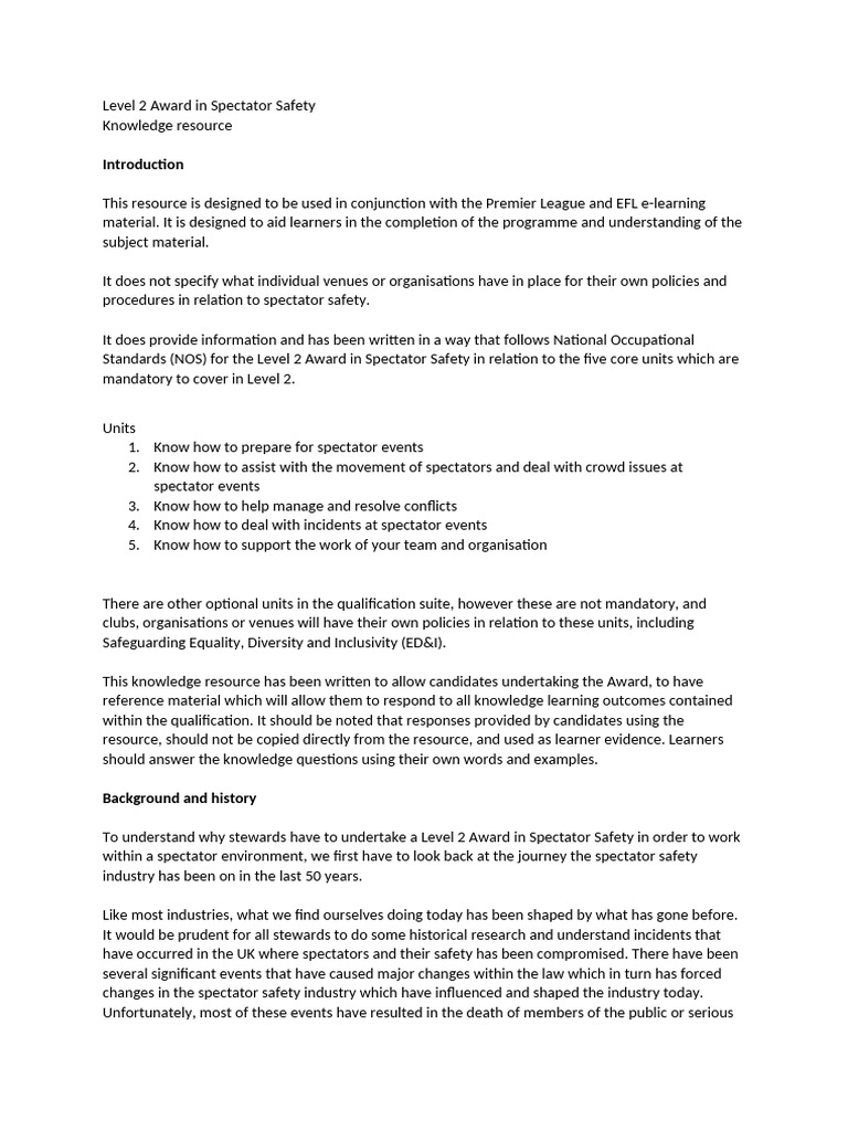 Level 2 Spectator Safety Award Guide | PDF | Procedural Knowledge | Safety