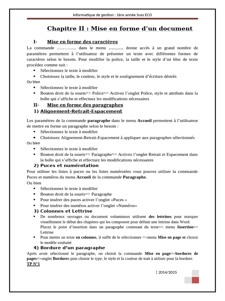Mise en forme de documents Word 1ère année | PDF