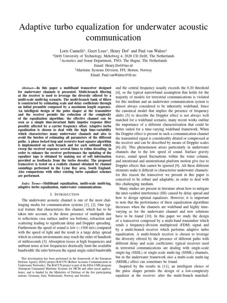 Adaptive Turbo Equalization for Underwater Communication | PDF | Filter ...