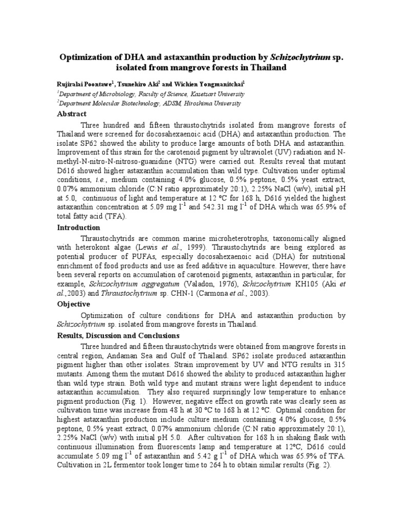 Optimization of DHA and Astaxanthin Production by Schizochytrium Sp ...