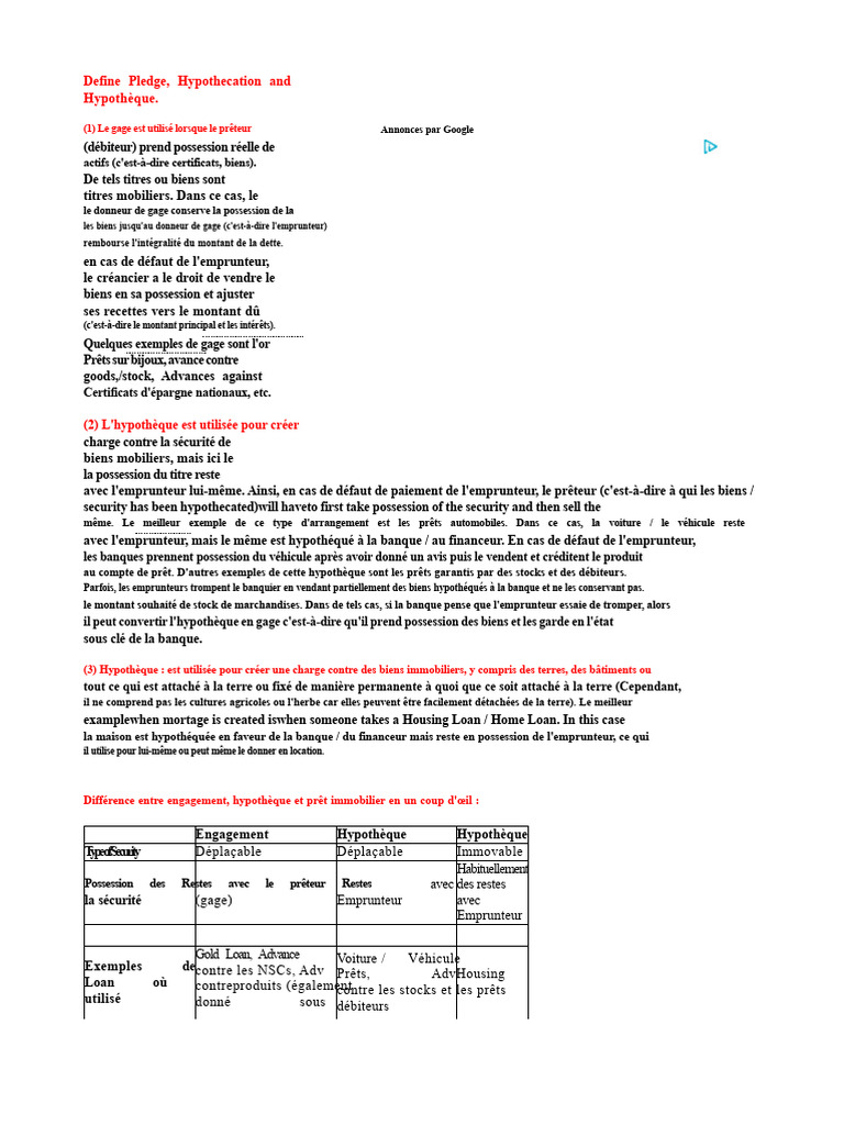 Gage, Hypothèque et Hypothèque Définis | PDF | Prêts | Secteur privé