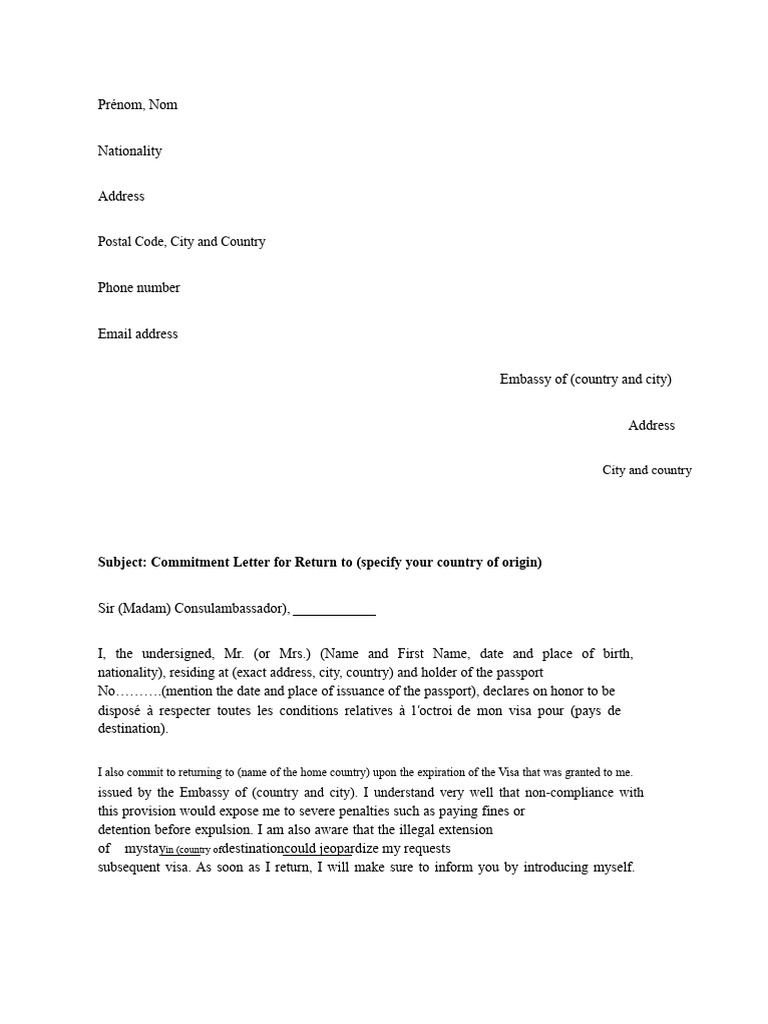 Commitment Letter for Visa Return | PDF