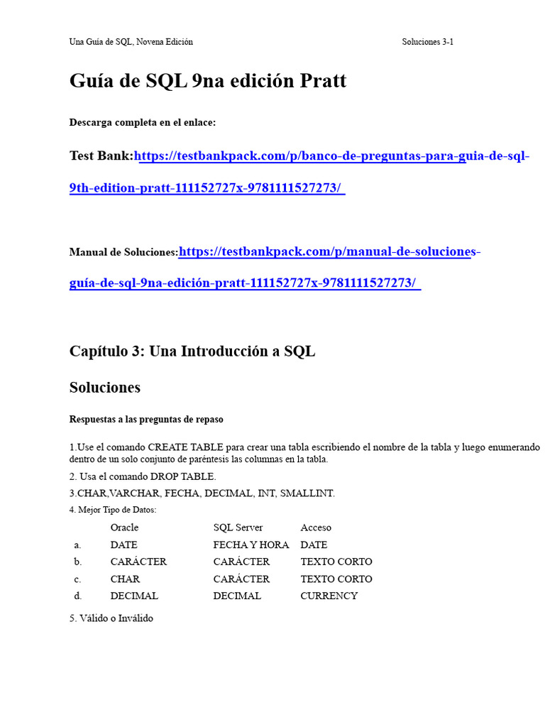 Guía de SQL Novena Edición Manual de Soluciones 1 | PDF | SQL ...
