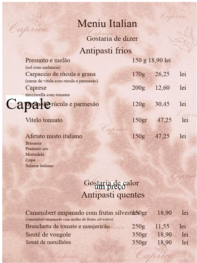 Menu Italiano: Pratos e Preços | PDF | Creme (gastronomia) | Alimentos