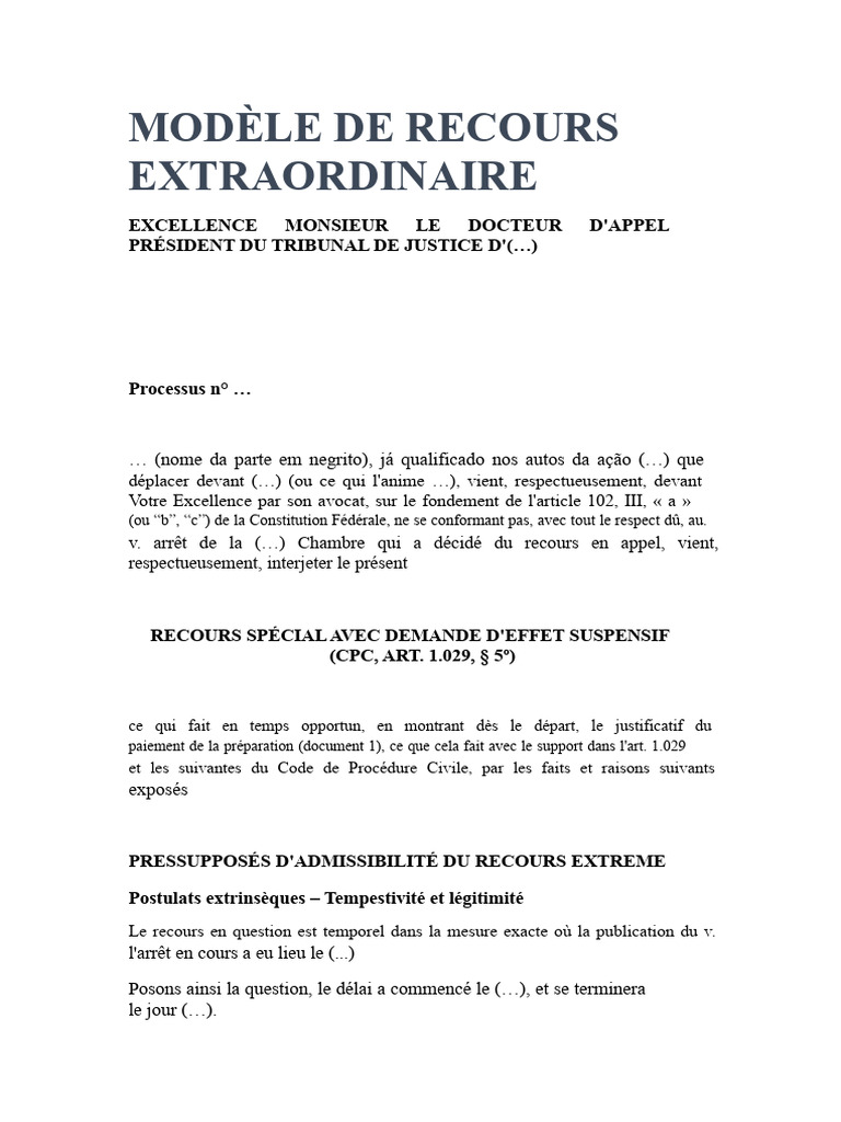 Modèle de Recours Extraordinaire en Droit | PDF | Cour suprême des ...