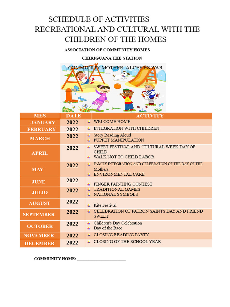 Community Activities Schedule 2022 | PDF | Childhood | Family