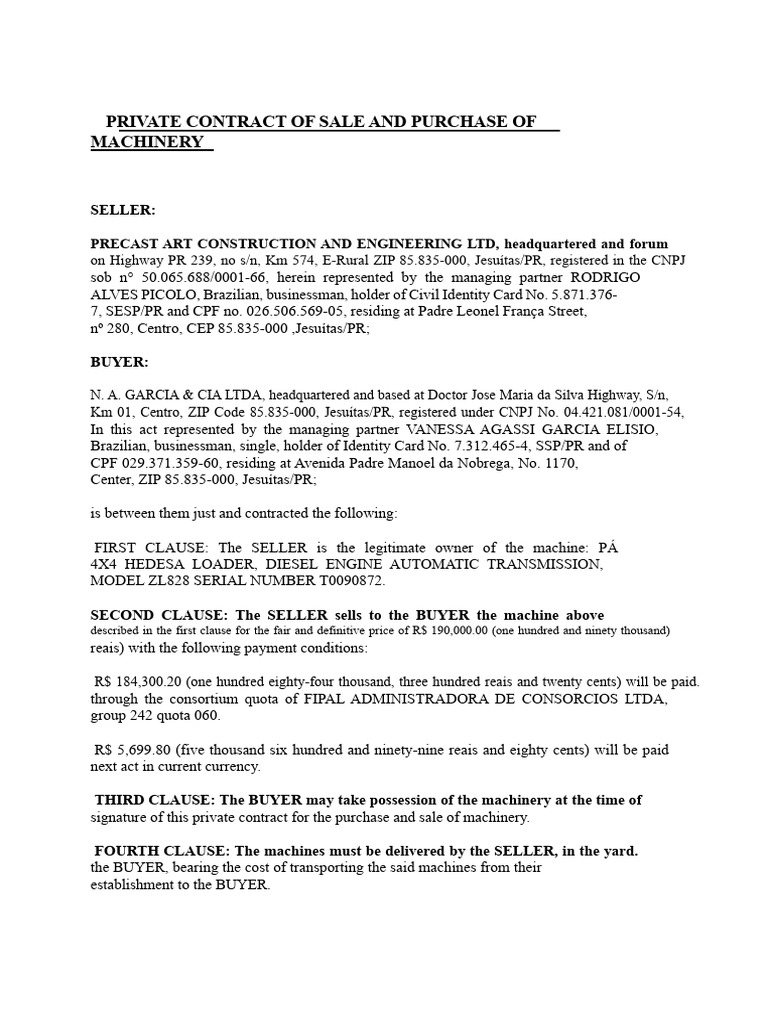 Private Contract For The Purchase and Sale of Machinery | PDF ...