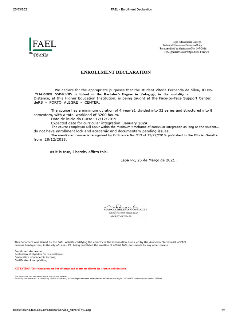 FAEL - Enrollment Declaration | PDF