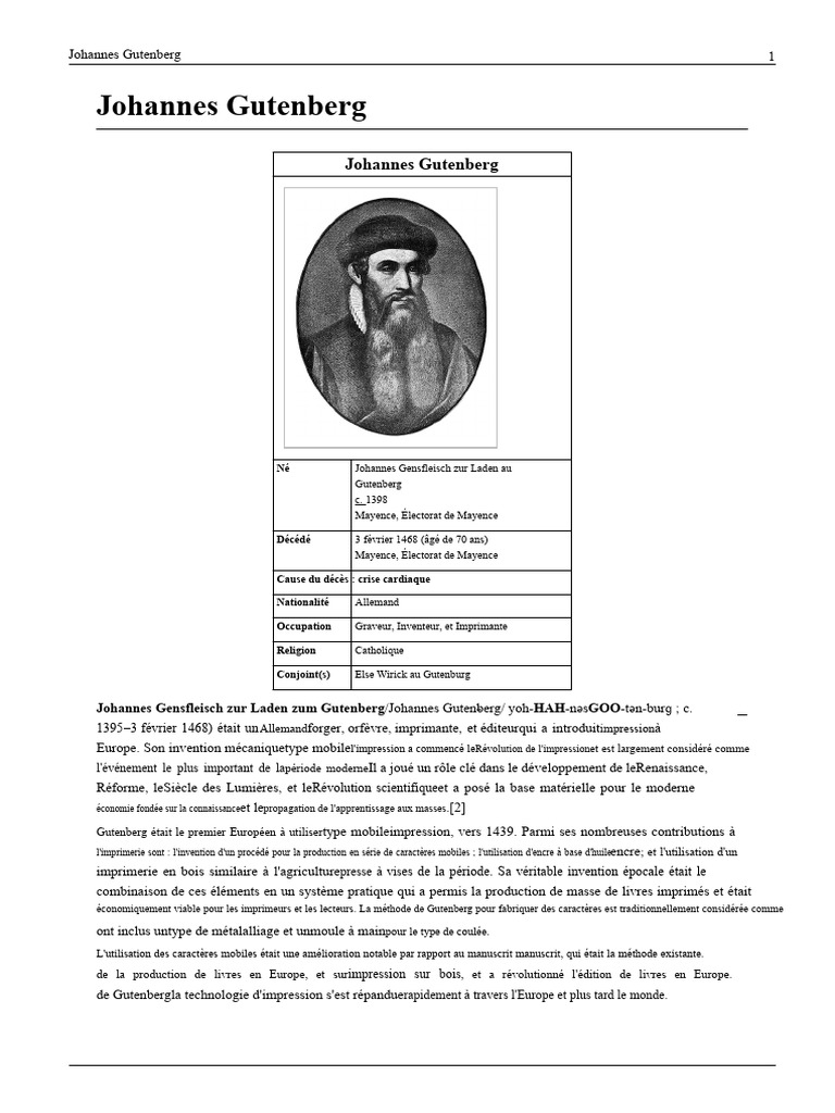 Johannes Gutenberg : Pionnier de l'imprimerie | PDF | Johannes ...