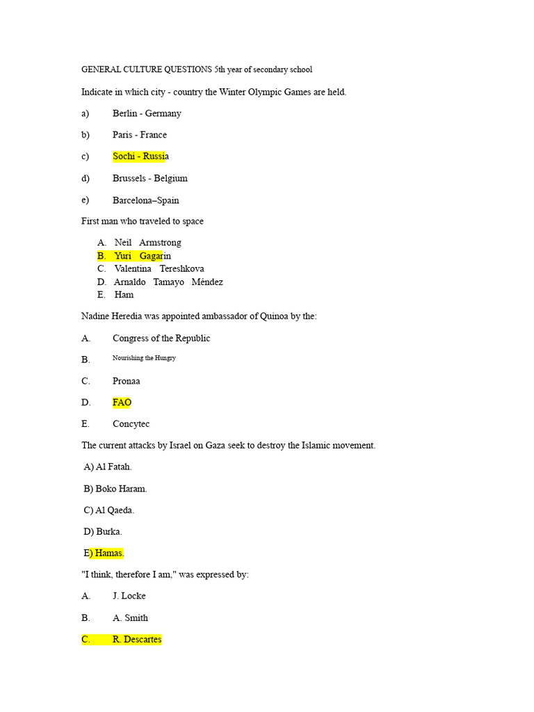 General Culture Quiz for 5th Year Students | PDF