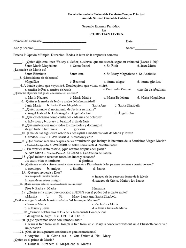 Examen Del Segundo Trimestre en VIDA CRISTIANA Final | PDF | María ...
