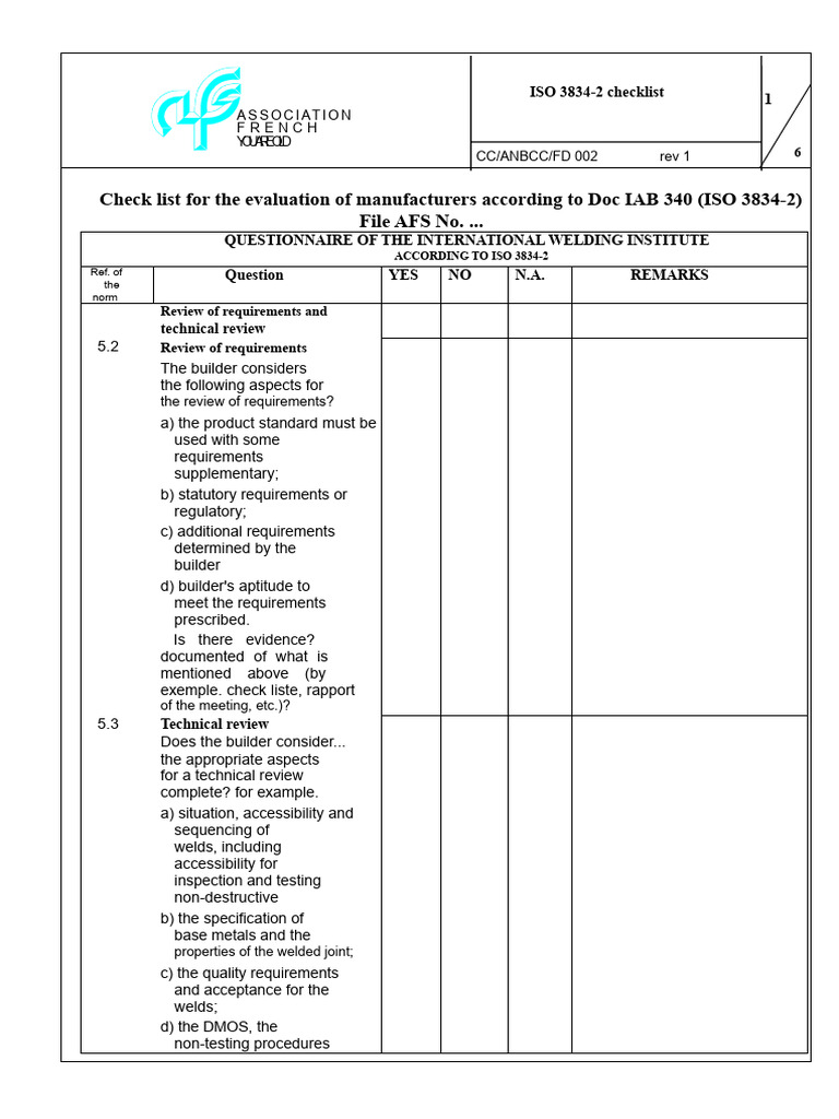 ISO 3834-2 Manufacturer Evaluation Checklist | PDF | Calibration ...