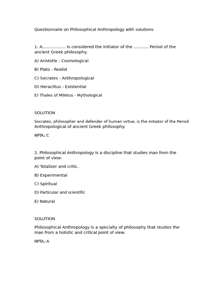 Questionnaire On Philosophical Anthropology With Solutions | PDF ...
