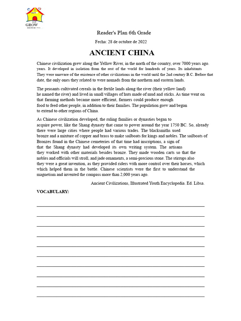 Reading Plan 6th Grade - Reading - ANCIENT CHINA October 28 | PDF
