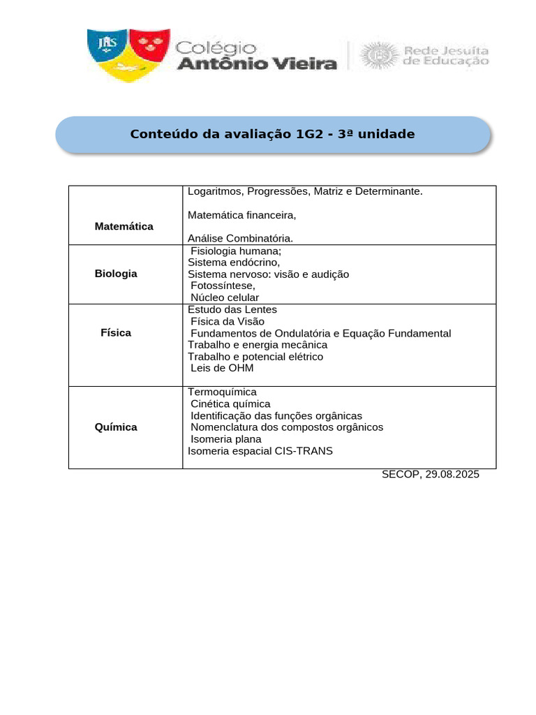 Conteúdo da Avaliação 1G2 - 3ª Unidade | PDF
