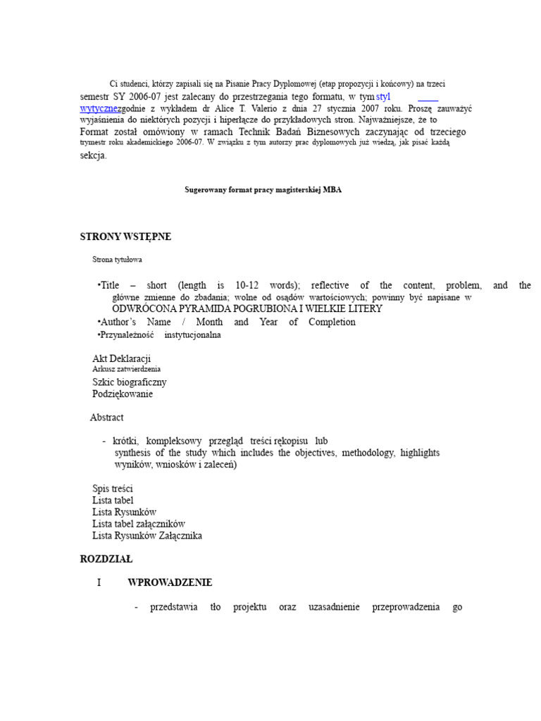 Zalecany Format Pracy Magisterskiej MBA | PDF