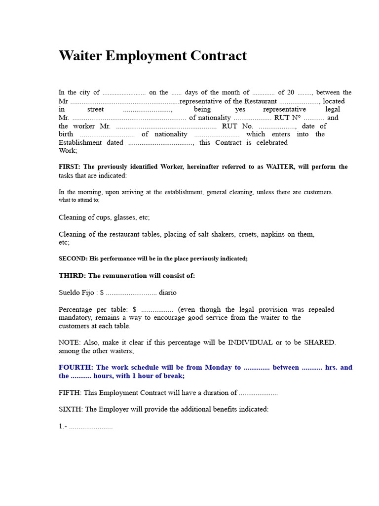 Waiter Employment Contract Template | PDF | Employment | Waiting Staff